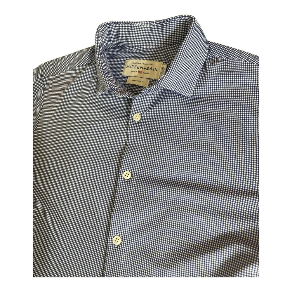 Mizzen + Main Spinnaker Collection Shirt Men Large Blue Gingham Trim Fit Stretch